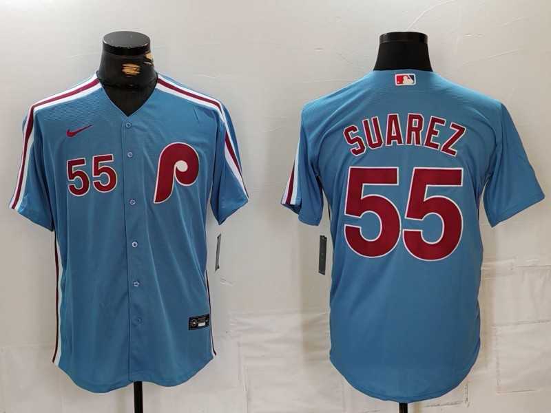 Mens Philadelphia Phillies #55 Ranger Suarez Number Light Blue Cooperstown Cool Base Jersey
